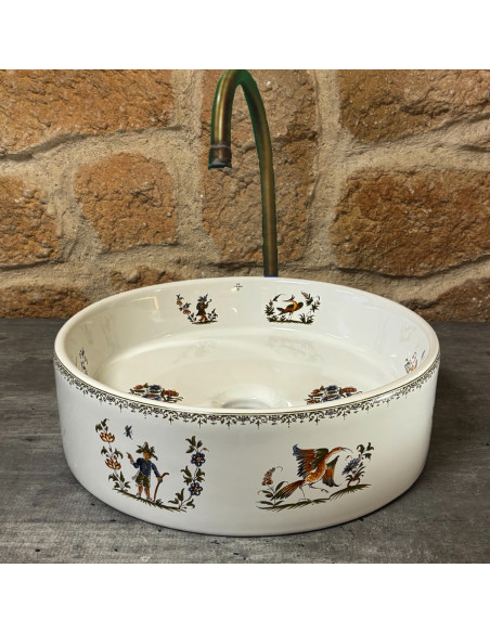 Vasque ronde à poser en porcelaine blanche reproduction décor tradition vieux moustiers polychrome