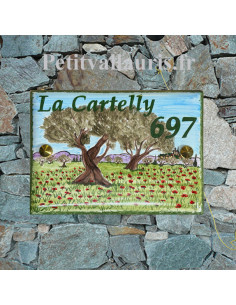 plaque pour maison céramique décor artisanal champs d'oliviers et de coquelicots + inscription couleur verte