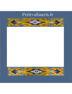Frise sur carreau de faïence 15x15  motif arabesque turquoise, bleue et jaune