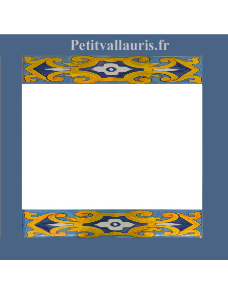 Frise sur carreau de faïence 15x15  motif arabesque turquoise, bleue et jaune