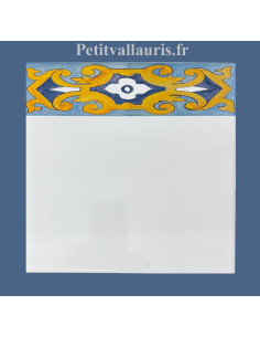 Frise sur carreau de faïence 20x20  motif arabesque turquoise, bleue et jaune