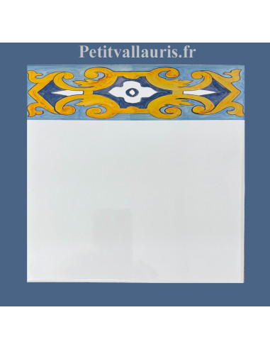 Frise sur carreau de faïence 20x20  motif arabesque turquoise, bleue et jaune