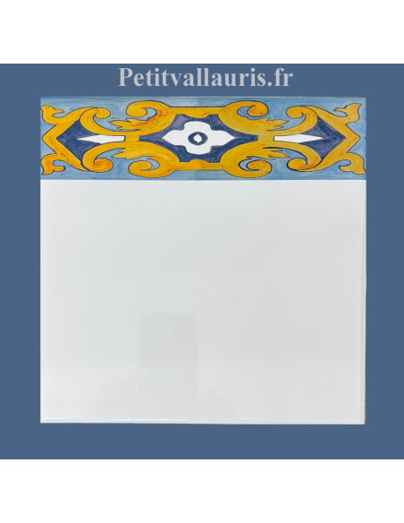 Frise sur carreau de faïence 20x20  motif arabesque turquoise, bleue et jaune