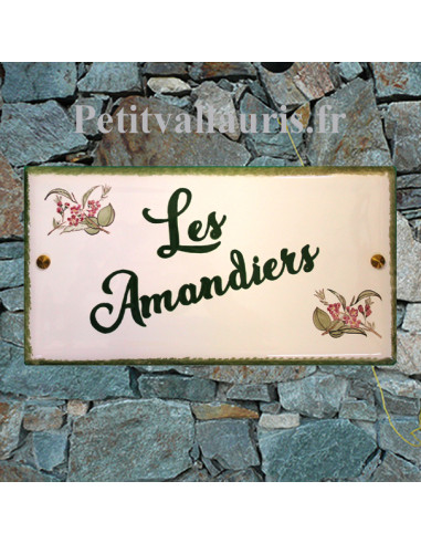 Grande plaque de maison rectangle en faïence 40 x 20 cm décor artisanal Les Amandiers + personnalisation