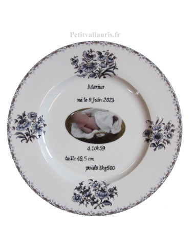 Assiette  en porcelaine pour anniversaire avec photo et texte personnalisé décor fleurs bleues