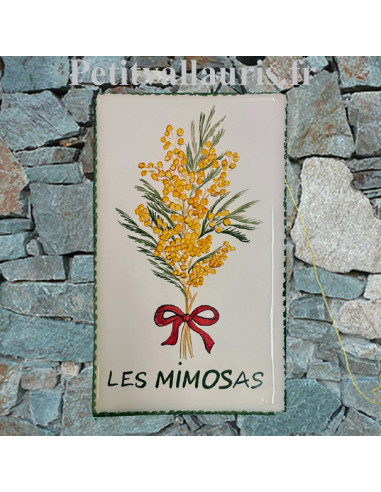 Grande plaque de maison rectangle en faïence 40 x 20 cm décor artisanal le bouquet de mimosas + personnalisation