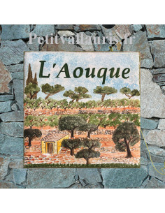 Grande plaque de maison en céramique modèle carrée motif artisanal restanques, vignes et oliviers