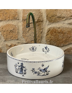 Vasque ronde à poser en porcelaine blanche reproduction décor tradition vieux moustiers bleu