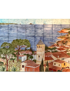 Fresque murale sur carreaux de faïence décor artisanal paysage village vue sur mer 90 x 120
