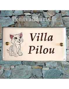 Plaque de Maison en céramique émaillée décor artisanal motif chaton + personnalisation