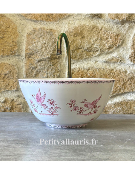 Petite Vasque bol ronde en faïence blanche reproduction décor tradition vieux moustiers rose