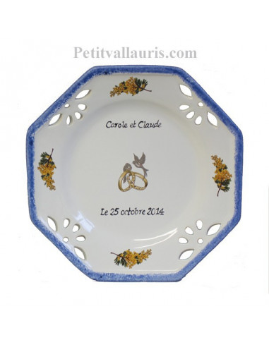 Assiette souvenir Mariage octogonale petit modèle décor mimosas bord bleu