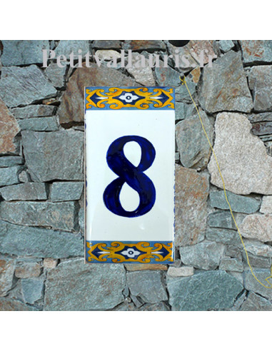 Numéro de maison au détail sur plaque en faïence à coller chiffre 8 motif arabesque jaune et bleue