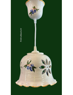 Petite suspension en céramique blanche modèle cloche dentelée décor artisanal olives bleues