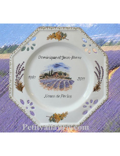 Assiette de Mariage octogonale décor brins de lavandes et brins de mimosas