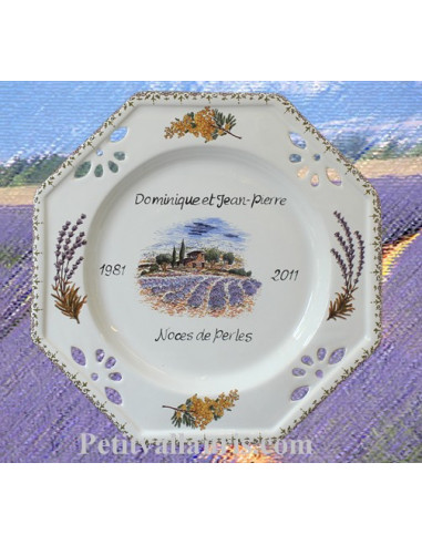 Assiette de Mariage octogonale décor brins de lavandes et brins de mimosas
