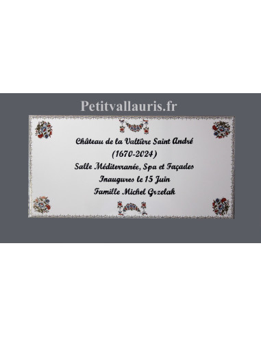 Grande faience décorative 60x30 motif fleurs polychrome et inscription personnalisée