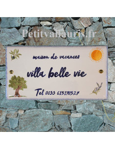 Grande Plaque de Maison rectangulaire en céramique décor artisanal le soleil et l'olivier + personnalisation