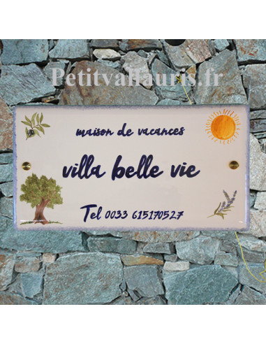 Grande Plaque de Maison rectangulaire en céramique décor artisanal le soleil et l'olivier + personnalisation