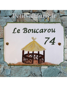 Grande Plaque de villa en faïence émaillée décor artisanal la Cahute + inscription personnalisée