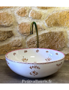 Vasque blanche modèle rond évasé en céramique reproduction décor tradition vieux moustiers rose