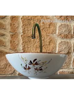 Vasque bol ronde à poser en porcelaine blanche décor artisanal fleurs marrons