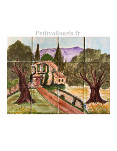 Fresque murale sur carreaux de faïence décor artisanal modèle Bastide Pierres et Oliviers 40 x 30 cm
