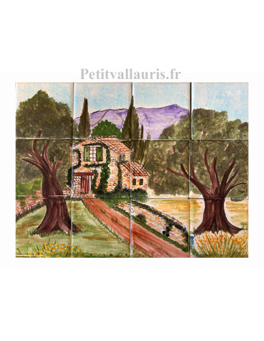 Fresque murale sur carreaux de faïence décor artisanal modèle Bastide Pierres et Oliviers 40 x 30 cm