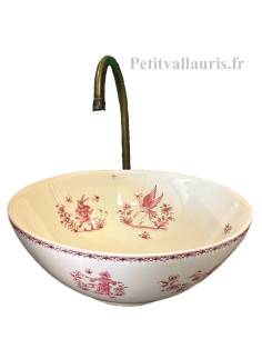 Vasque blanche modèle bol ronde en porcelaine reproduction décor tradition vieux moustiers rose