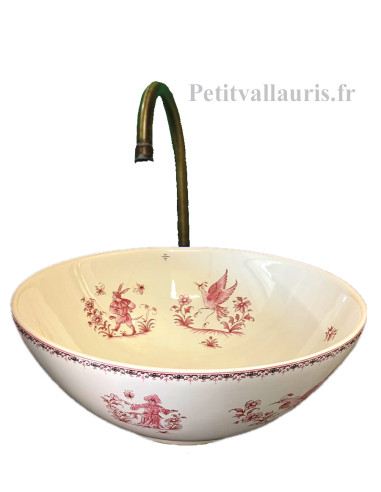 Vasque blanche modèle bol ronde en porcelaine reproduction décor tradition vieux moustiers rose