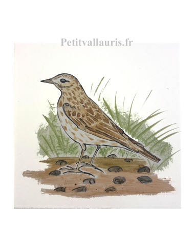 Carreau mural en faïence blanche collection oiseaux avec motif artisanal La Grive