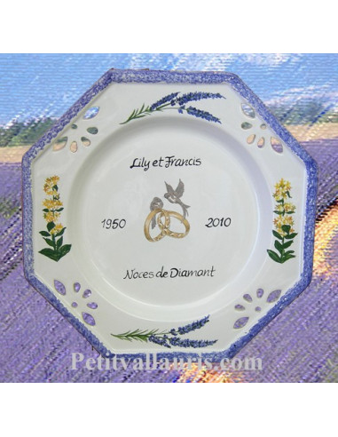 Assiette de Mariage octogonale décor brins de lavandes et brins de gentianes