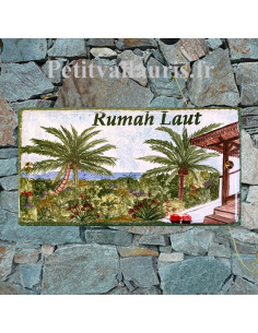 Grande plaque de maison rectangle en faience 40 x 20 cm décor artisanal Paysage Antilles avec personnalisation