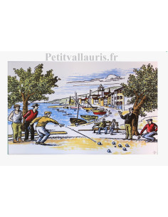 Petite Fresque murale en faience blanche décor partie de Pétanque