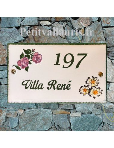 Plaque rectangulaire pour maison en céramique émaillée décor artisanal les rosiers et les Marguerites + personnalisation
