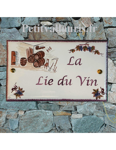 Grande plaque en céramique émaillée forme rectangle décor artisanal Cave Viticole + Grappes de raisin +personnalisation LDV