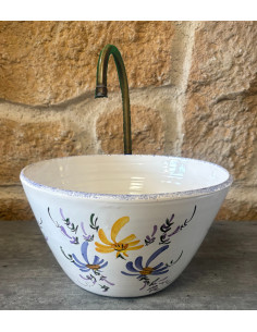 Mini Vasque bol ronde en faïence blanche motif artisanal fleurs jaunes et bleues