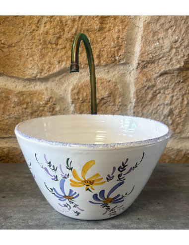 Mini Vasque bol ronde en faïence blanche motif artisanal fleurs jaunes et bleues