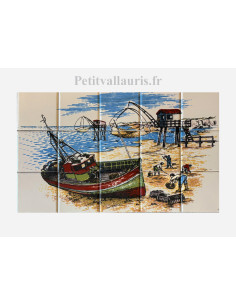 Fresque murale en faïence blanche décor Chalut et marée côte Atlantique 30x50 cm