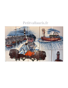 Fresque murale en faïence blanche décor Patron Pêcheur et Port côte Atlantique 30x50 cm