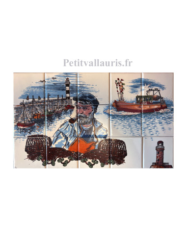 Fresque murale en faïence blanche décor Patron Pêcheur et Port côte Atlantique 30x50 cm