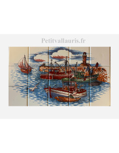 Fresque murale en faïence blanche décor port de pêche côte Atlantique 30x50 cm