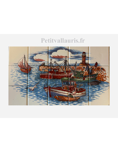 Fresque murale en faïence blanche décor port de pêche côte Atlantique 30x50 cm