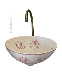 Vasque blanche modèle bol ronde en porcelaine reproduction décor tradition vieux moustiers rose
