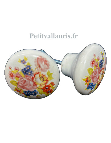 Bouton de tiroir en porcelaine blanche pour mobilier décor bouquet de fleurs (diamètre 42 mm)
