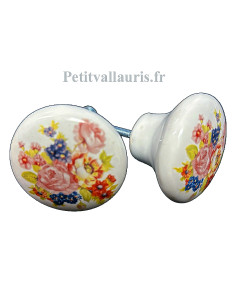 Bouton de tiroir en porcelaine blanche pour mobilier décor bouquet de fleurs (diamètre 42 mm)