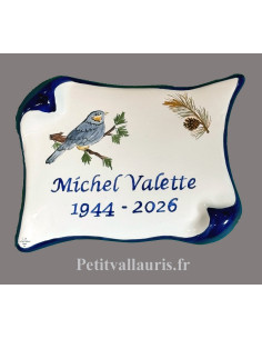 Plaque Funéraire en faience modèle parchemin motif artisanal mésange bleue inscription personnalisée