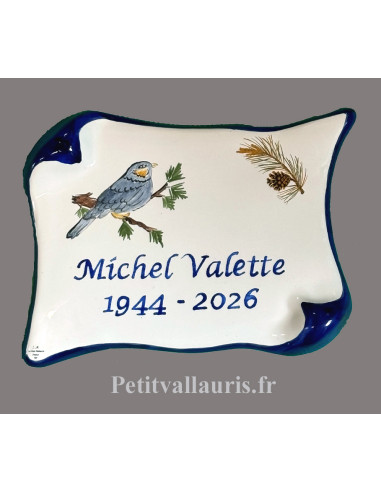 Plaque Funéraire en faience modèle parchemin motif artisanal mésange bleue inscription personnalisée