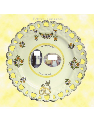 Assiette de Mariage modèle Tournesol avec 2 photos encadrement filet jaune décor tradition vieux moustiers 