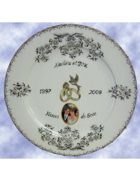 Assiette de Mariage porcelaine avec photo décor tradition vieux moustiers bleu 